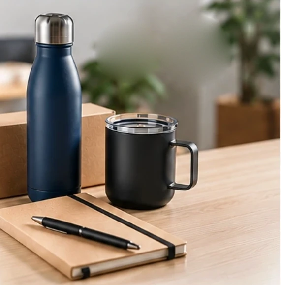 Gourde bleue, mug noir et carnet avec stylo sur un bureau en bois : cadeaux d'entreprise expédiés rapidement