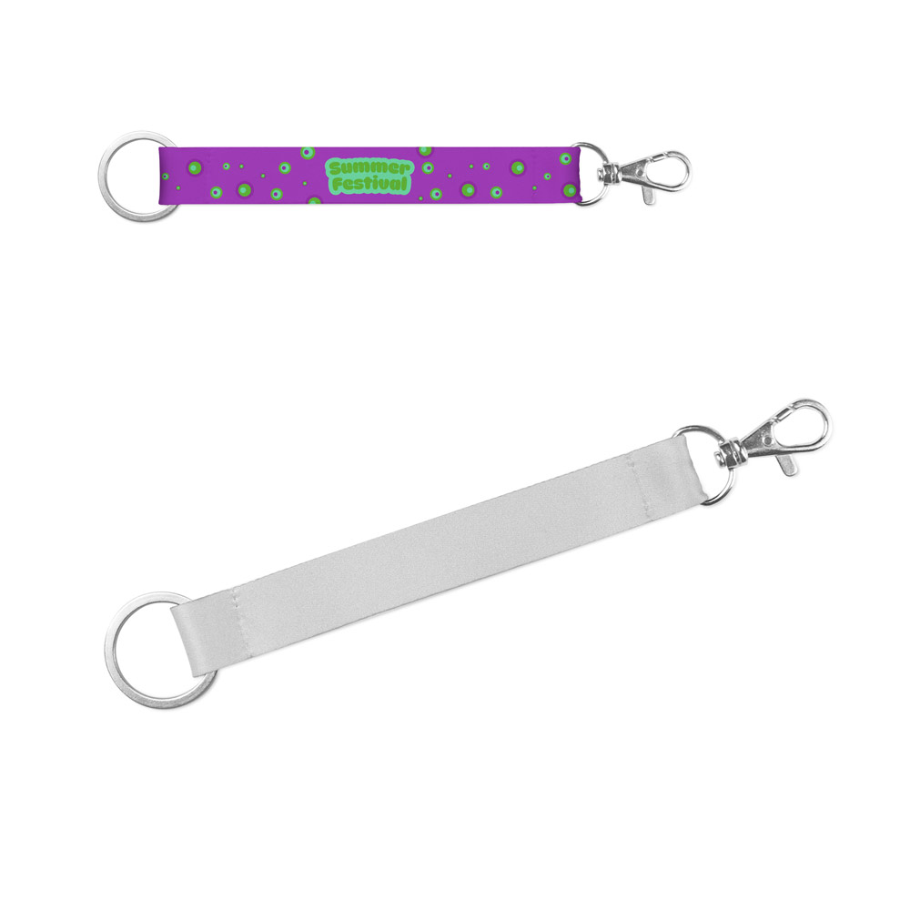 CRAWLEY. Korte polyester lanyard voor sublimatiedruk met standaard ring en karabijnhaak.