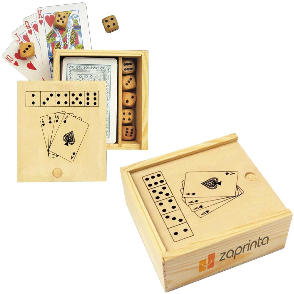 Jeu de cartes et 5 dès avec boîte en bois personnalisable - JCA03