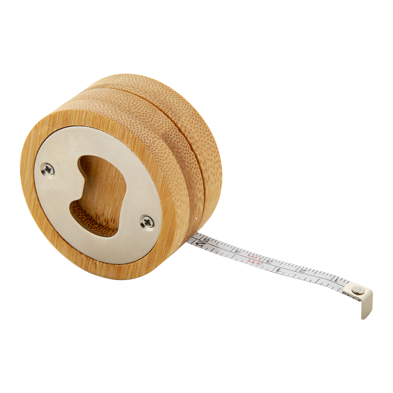 Meaboo ronde bamboe flesopener met rolmaat van 1 m en logo bedrukken met logo