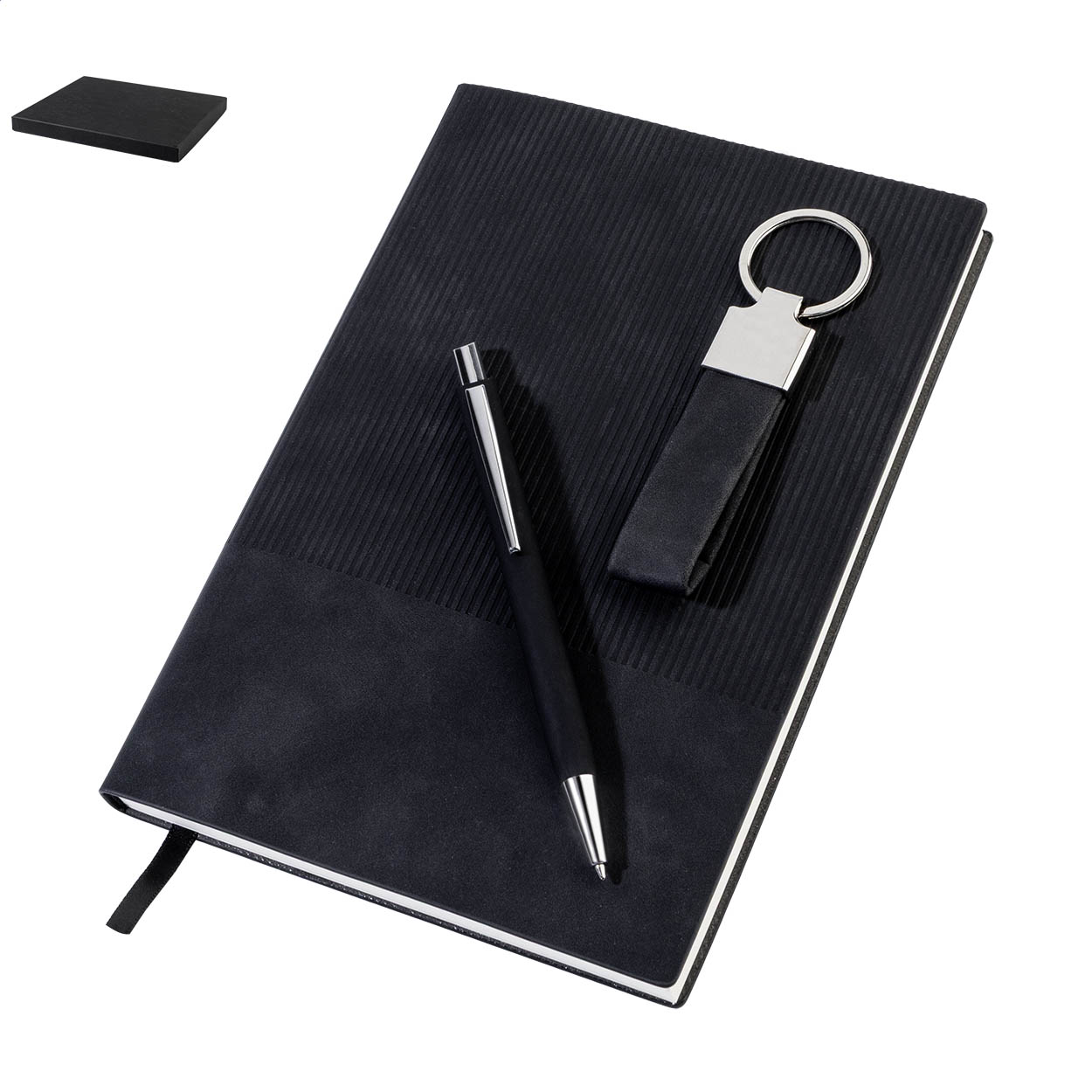 Dono Trio geschenkset met A5-notitieboek, pen en sleutelhanger, logo bedrukken met logo