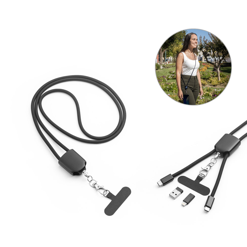 ZEWAIL. Lanyard met meegeleverde smartphonehouder, USB-C-kabel en diverse adapters van gerecycled ABS en gerecycled TPE. bedrukken met logo
