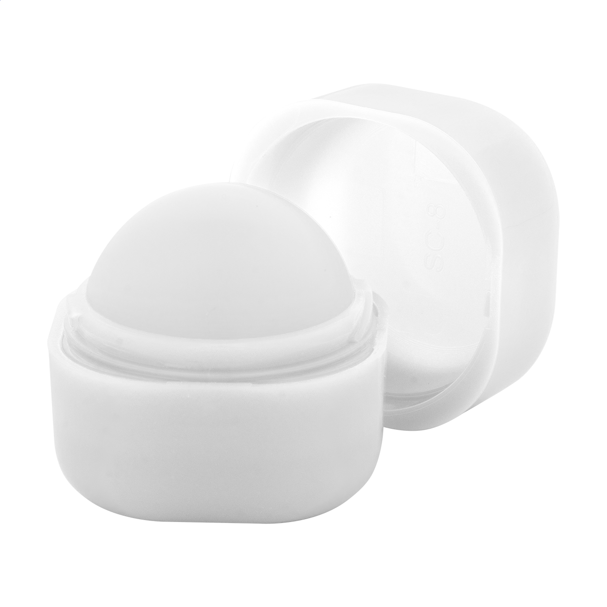Baume à lèvres Cuboris personnalisé vanille SPF15, cube en ABS recyclé