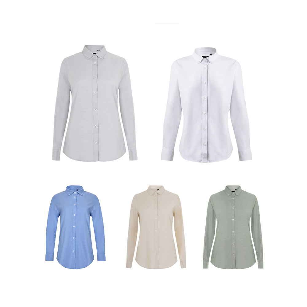 VL PRITHVI DAMES. Oxford overhemd (180 g/m²) voor dames, gemaakt van katoen (50%), polyester (45%) en elastaan (5%) bedrukken met logo