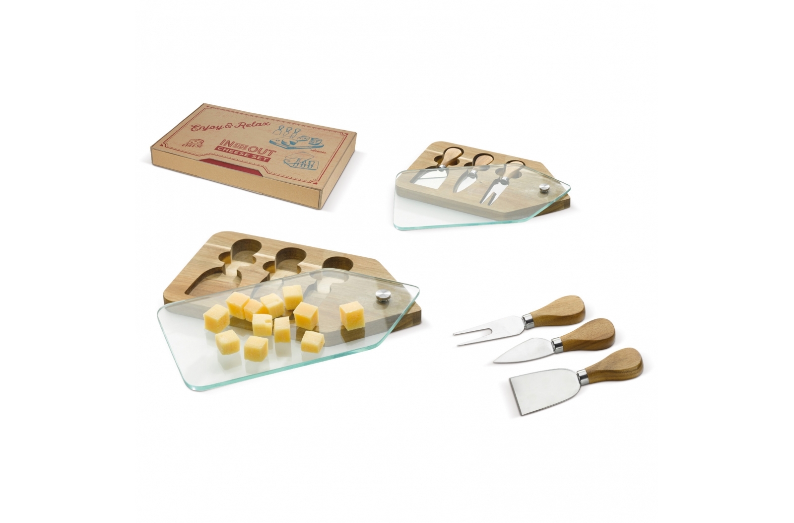 Ensemble cadeau de plateau à fromage en bois d'acacia avec couvercle coulissant et couteaux à fromage - Mortain-Bocage - Zaprinta Belgique