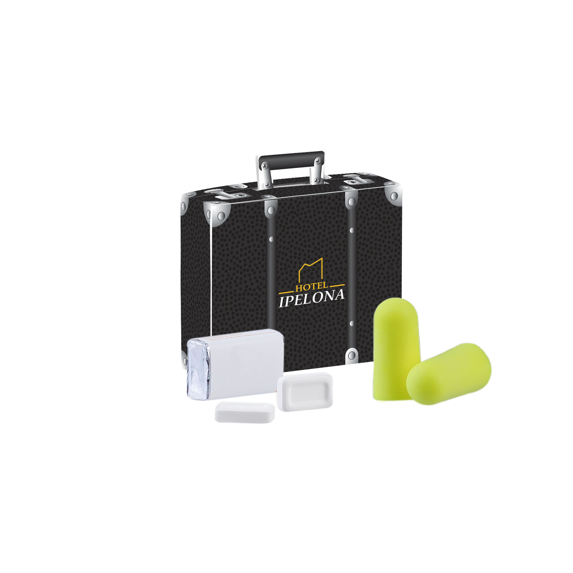 Bouchons d'oreille jaunes avec atténuation sonore et pastilles de menthe dans une valise - Le Passage - Zaprinta Belgique