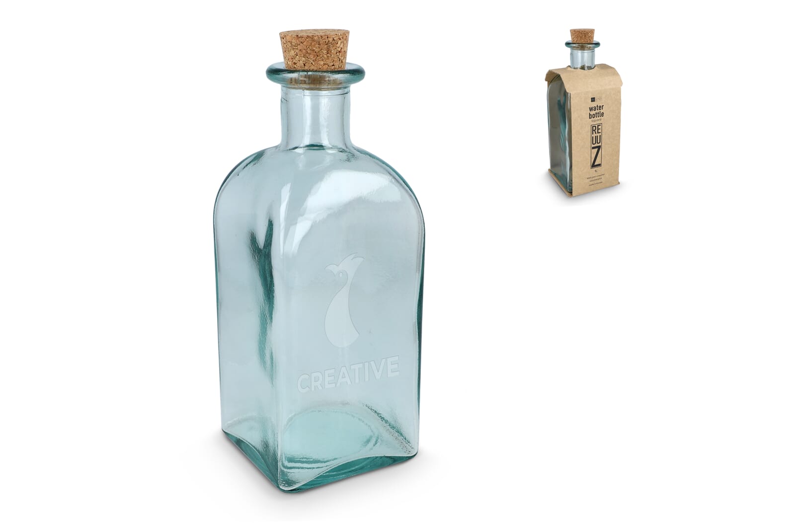 InSideOut Quadratische Wasserflasche aus recyceltem Glas ReuuZ mit Korkverschluss 1L