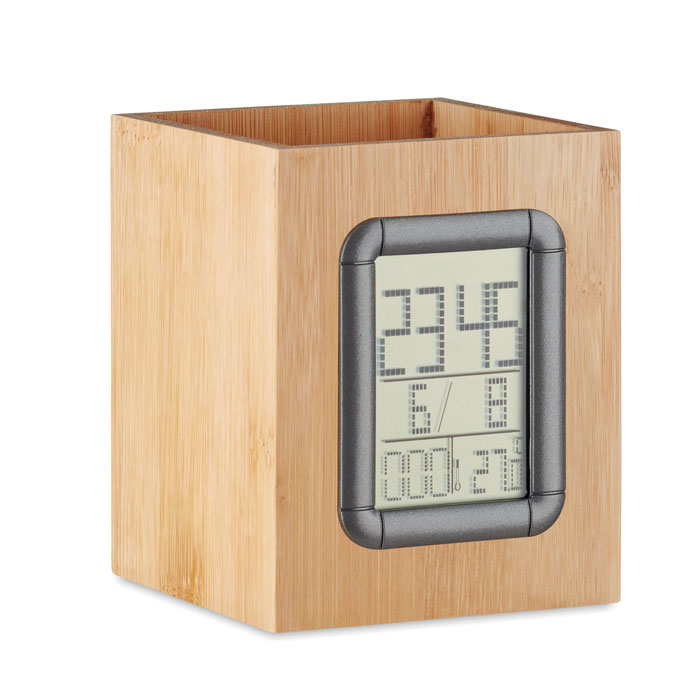 Porte-stylo en bambou avec réveil de calendrier Thermomètre - Arcangues - Zaprinta Belgique