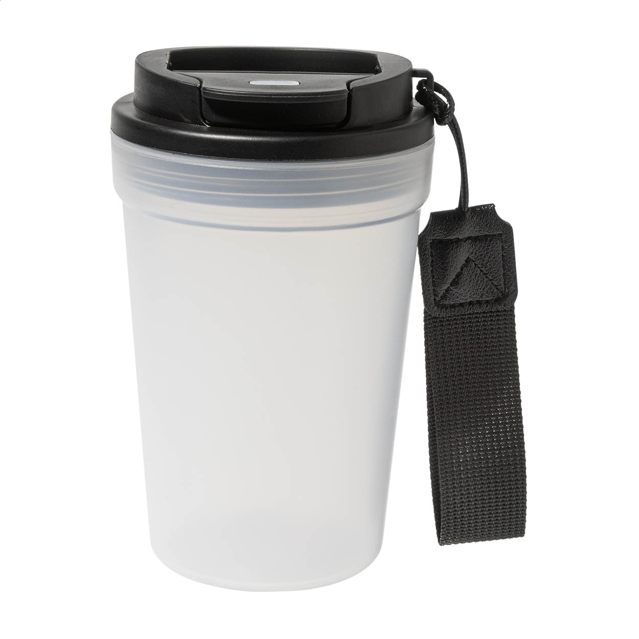 Frobbu reisbeker van gematteerd PP met draaglus, 400 ml, met uw logo
