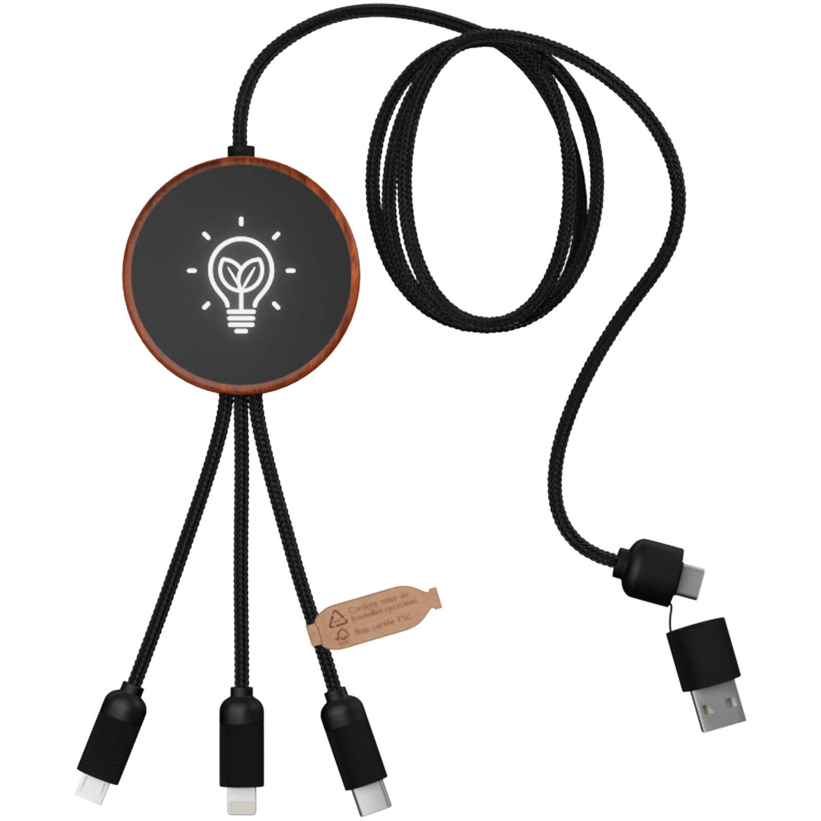 Câble de charge avec logo lumineux 5-en-1 en PET recyclé et pad de charge en bambou de 10W - Le Fossat