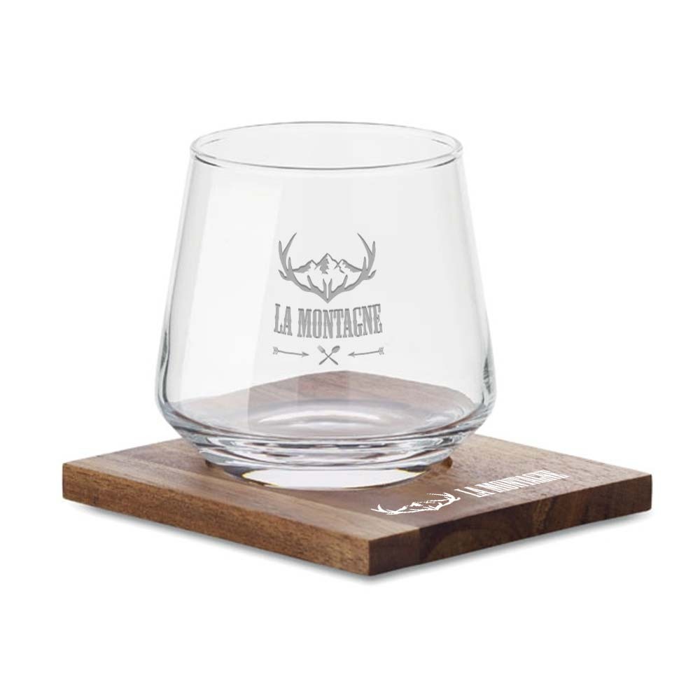 Ensemble de verres à whisky avec sous-verres en bois d'acacia - Sucy-en-Brie imprimé avec logo