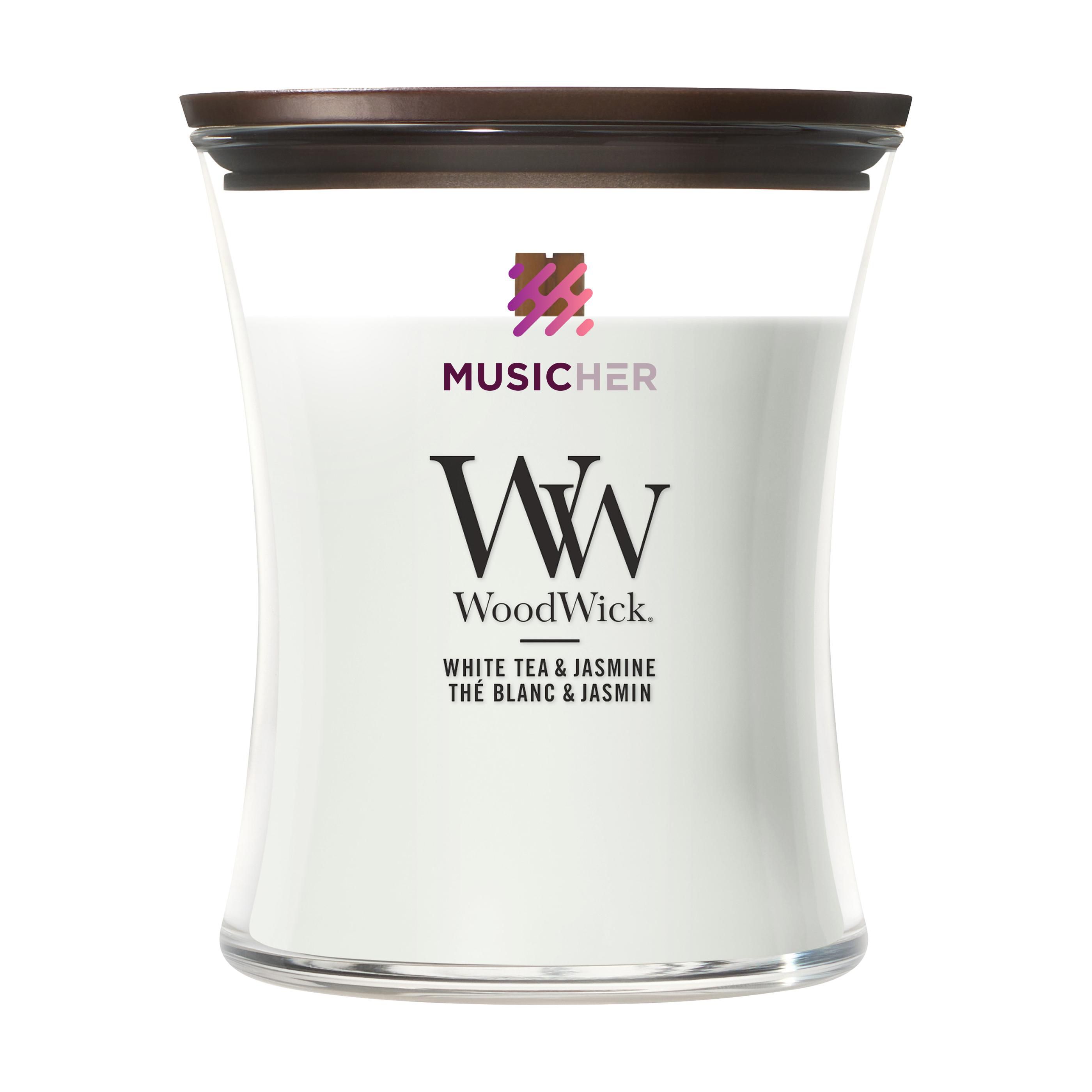 WoodWick White Tea & Jasmine Medium Candle geurkaars bedrukken met logo