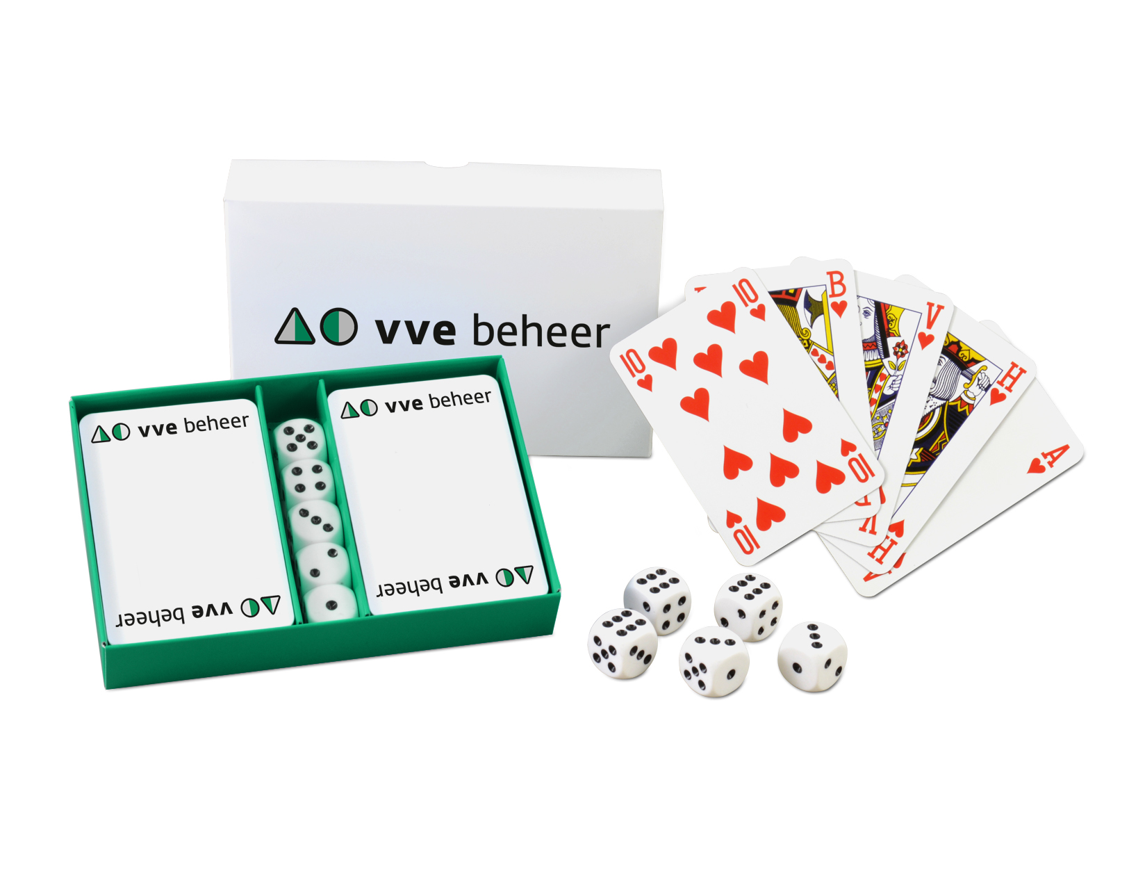 Ensemble 2 jeux de cartes à jouer et 5 dés dans une boîte personnalisable - JCA09