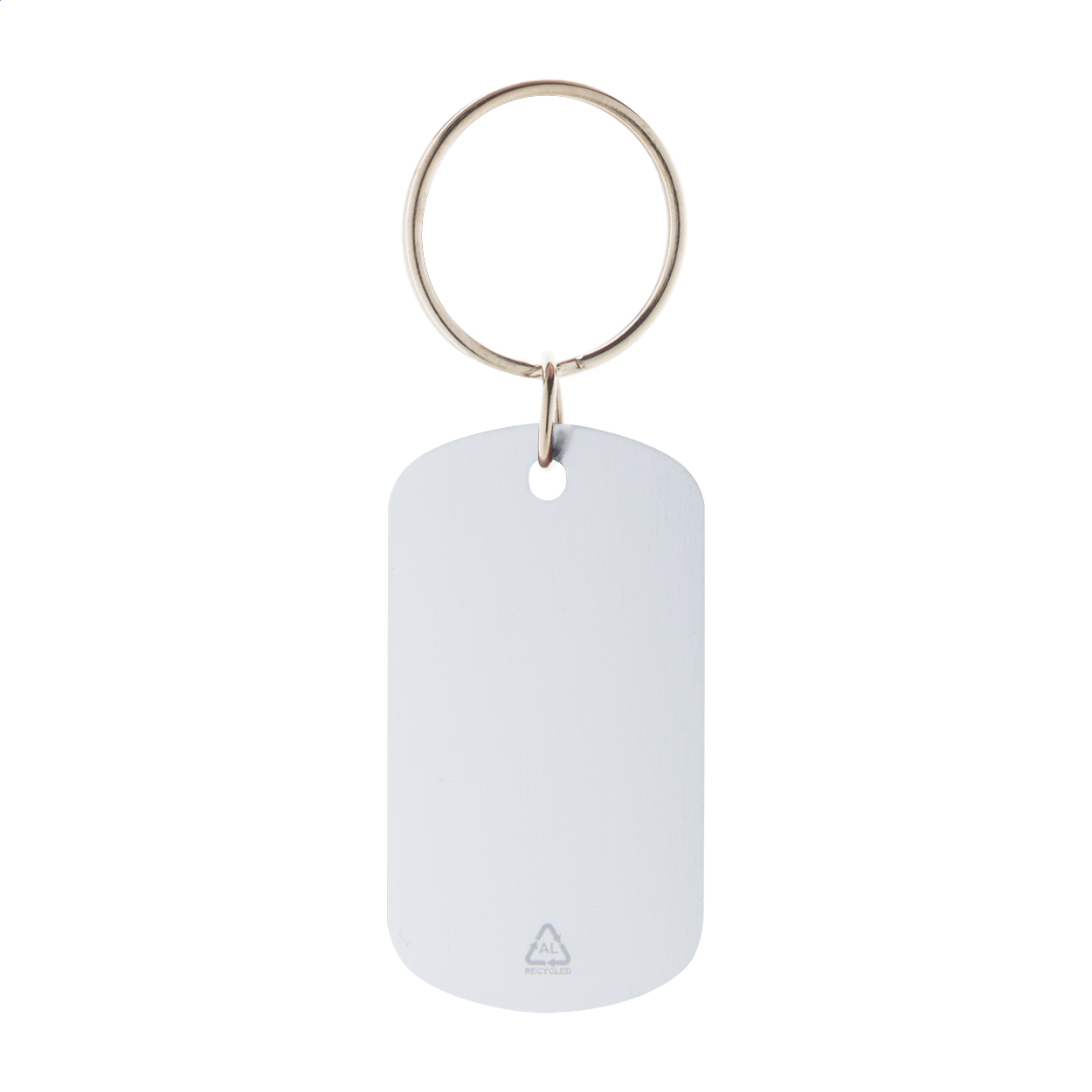 Ralutag sleutelhanger van gerecycled aluminium met metalen ring en logo bedrukken met logo