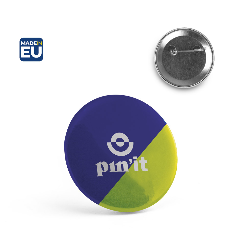 Button P'IN 6 met speld, bedrukt met logo, ø50 mm