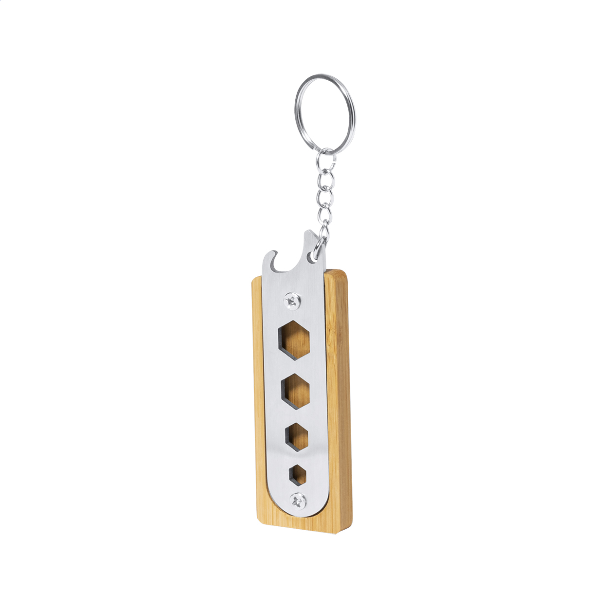 Porte-clés multi-outils Farina personnalisé en bambou et inox, décapsuleur imprimé avec logo