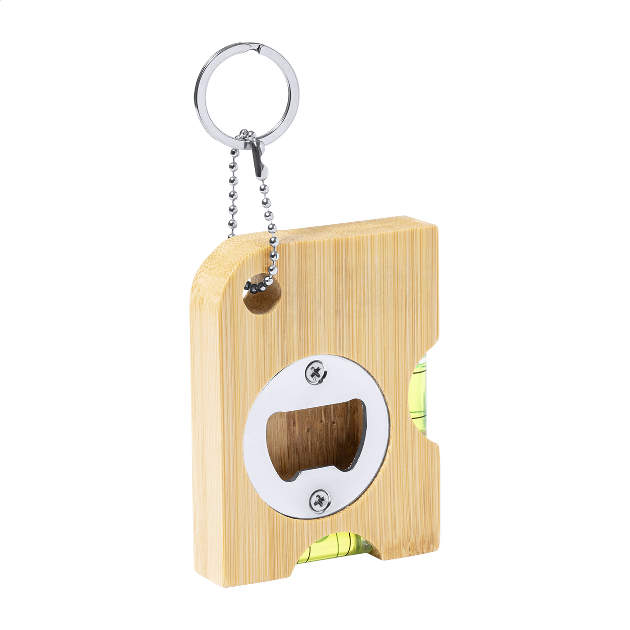 Mackie multifunctionele bamboe sleutelhanger met flesopener en waterpas