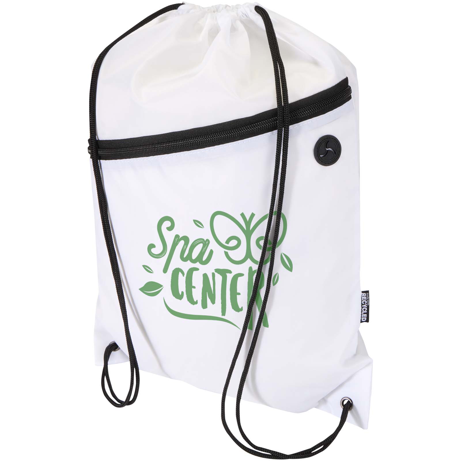Oriole RPET tas met trekkoord en voorvak met ritssluiting, 5 liter bedrukken met logo