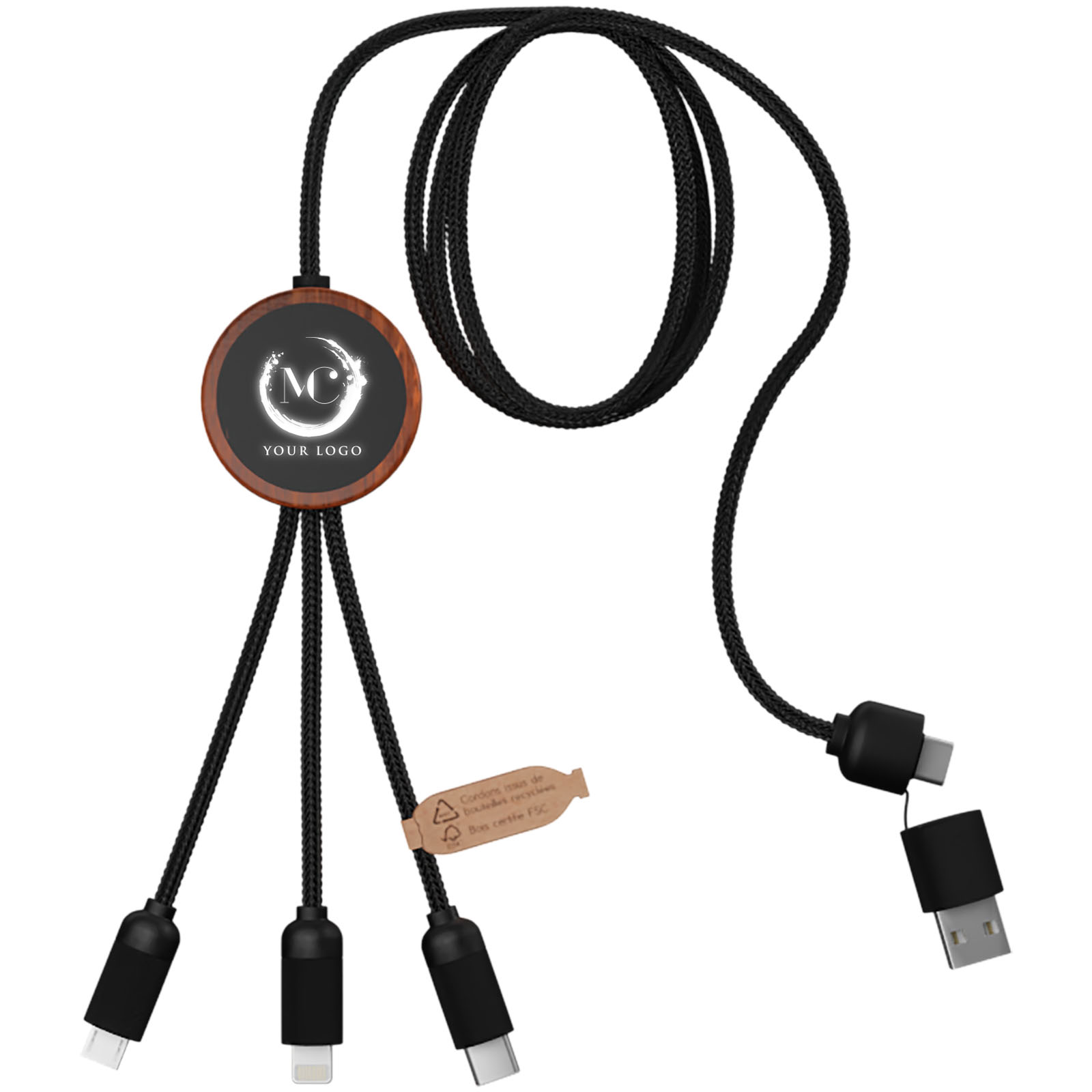 Câble de charge 5 en 1 SCX.design C37 40W en rPET avec logo lumineux, boîtier rond en bambou