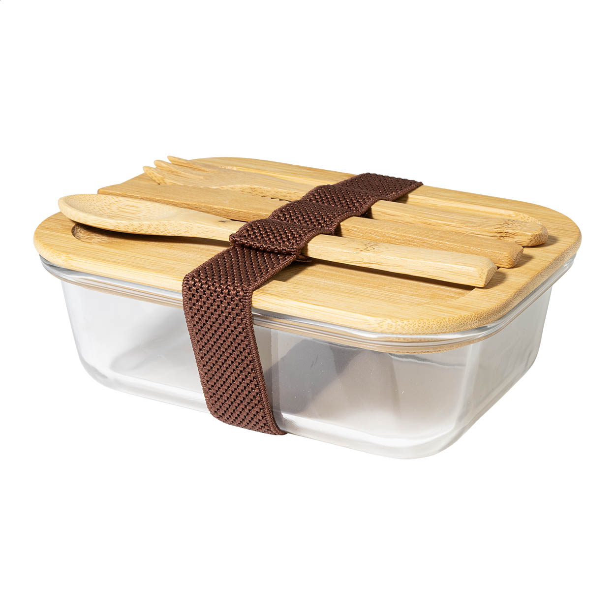 Cuttata glazen lunchbox met bamboe bestek, 500 ml, met logo