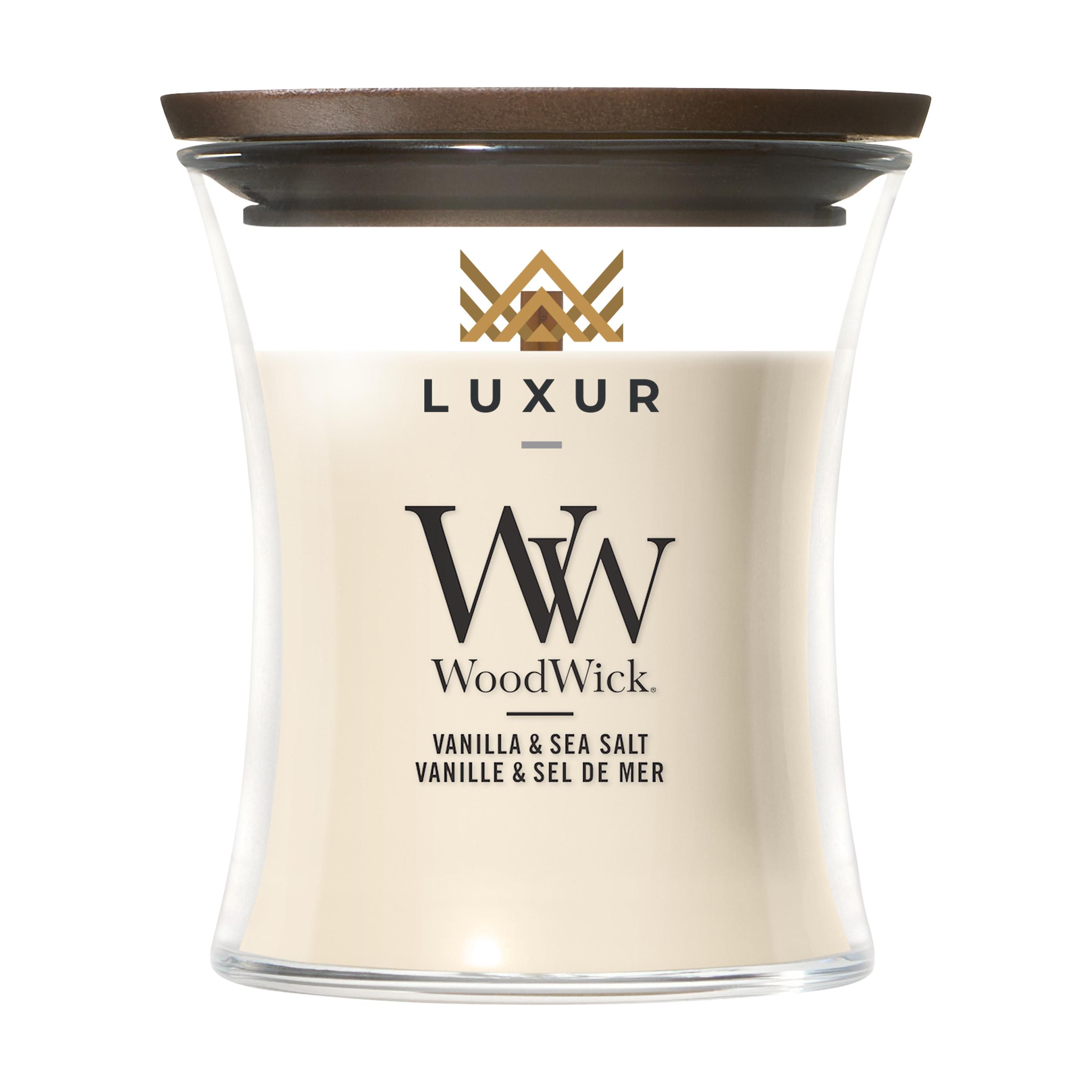 Bougie parfumée WoodWick Vanille & Sel de Mer Mini