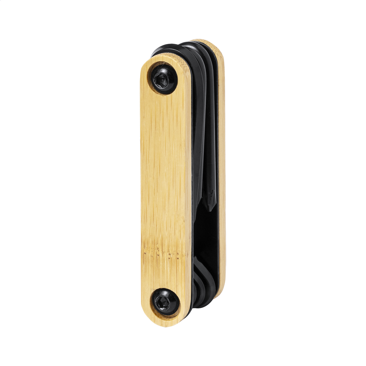 Gresley multitool van zwart koolstofstaal met bamboe handvat en logo