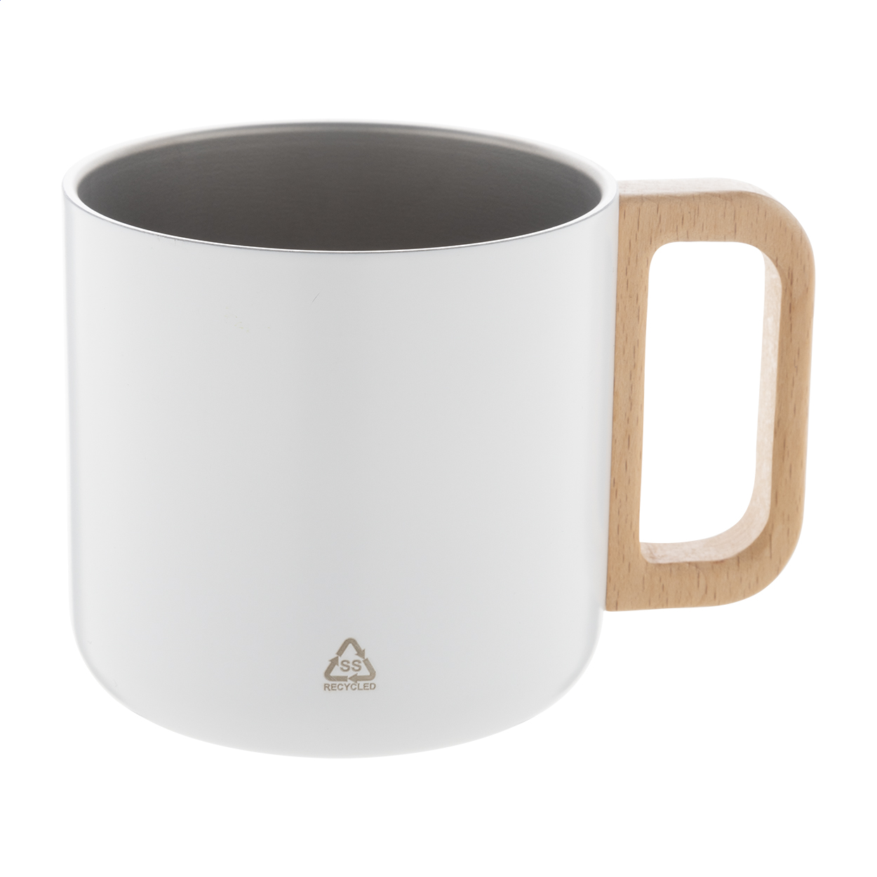 Mug isotherme Rewoo personnalisé en inox recyclé avec anse en bois, 350 ml