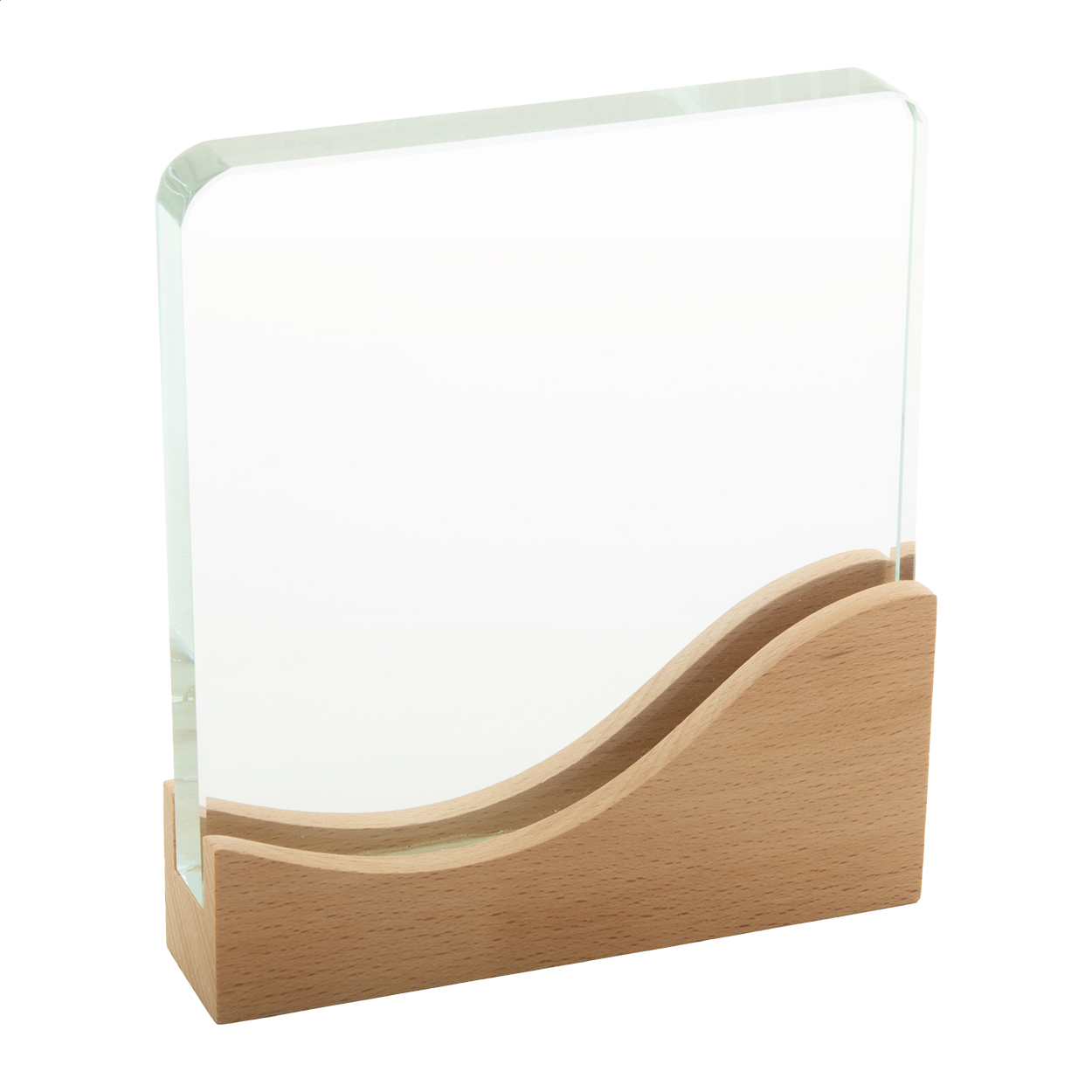 Wavofi glazen trofee met voet van beukenhout en logo bedrukken met logo