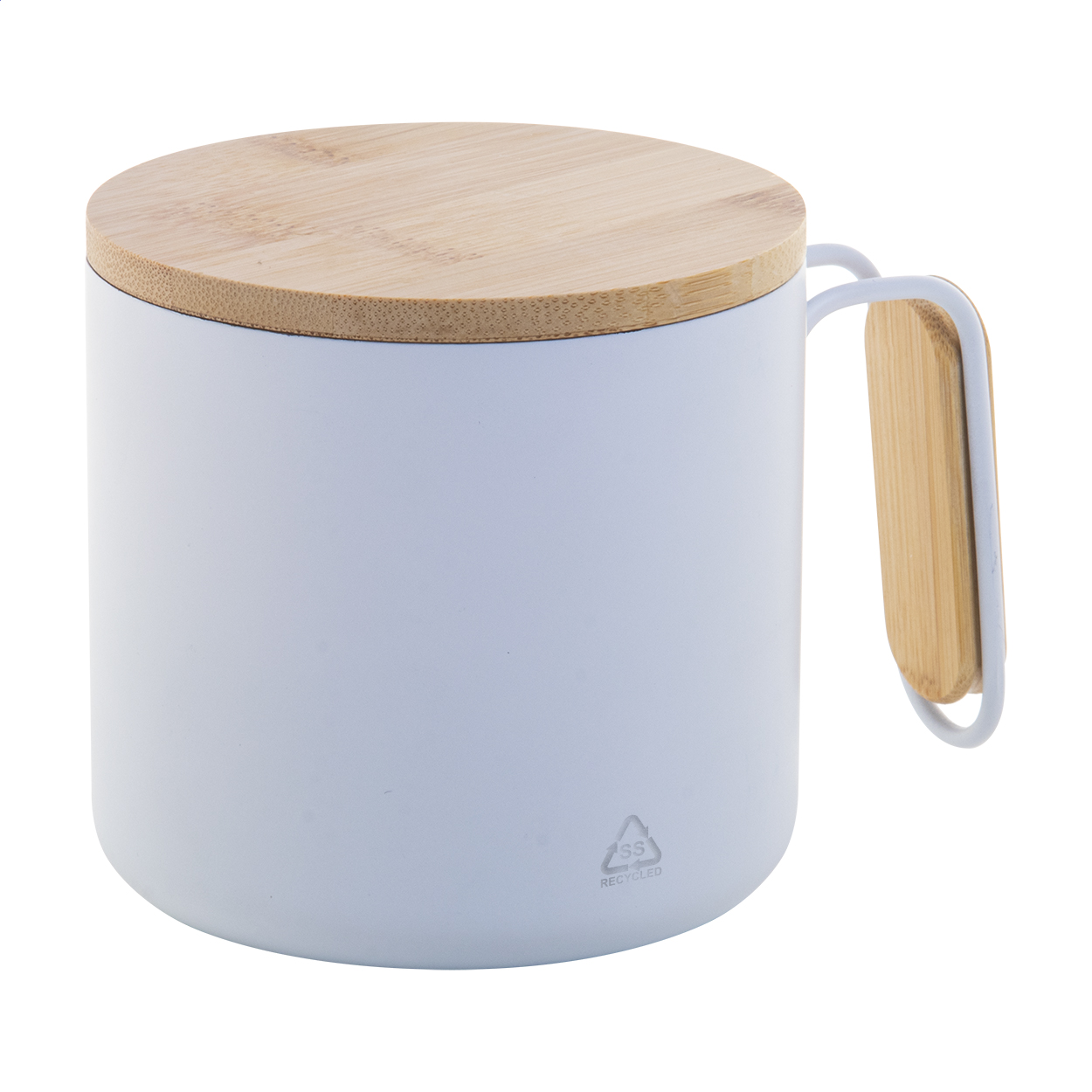 Mug isotherme Graboo en inox recyclé avec couvercle et anse bambou, 300 ml