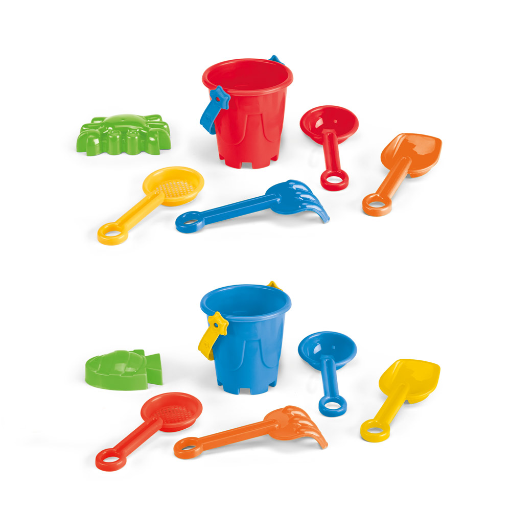 VALLARTA. PP strandemmer met 5 accessoires: 3 scheppen, 1 hark, 1 vis of 1 krab bedrukken met logo