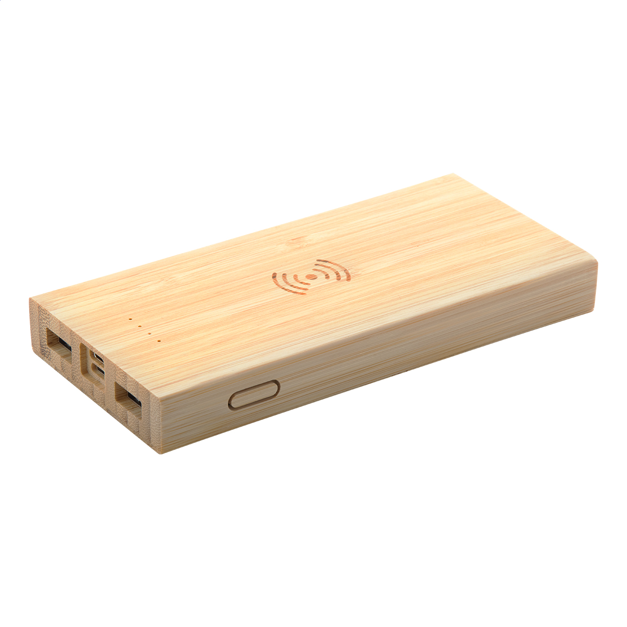 Wooster Powerbank aus Bambus 6000 mAh mit Wireless-Charger und Logo