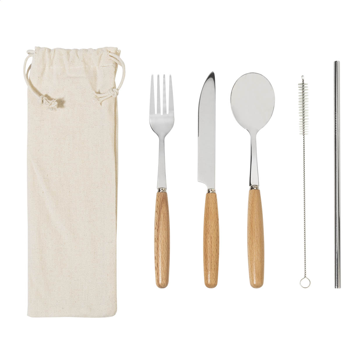 Set de couverts 5 pièces Woller en inox manche bois, pochon coton