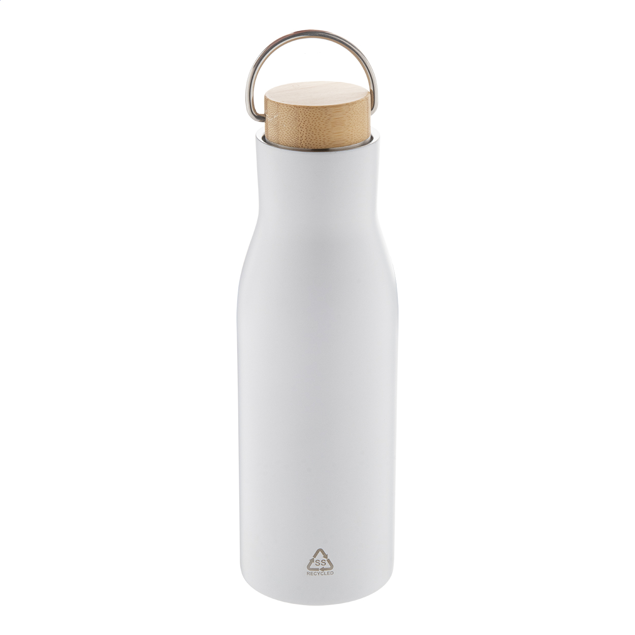 Bouteille isotherme Ressobo personnalisée en inox recyclé, bouchon bambou, 500 ml