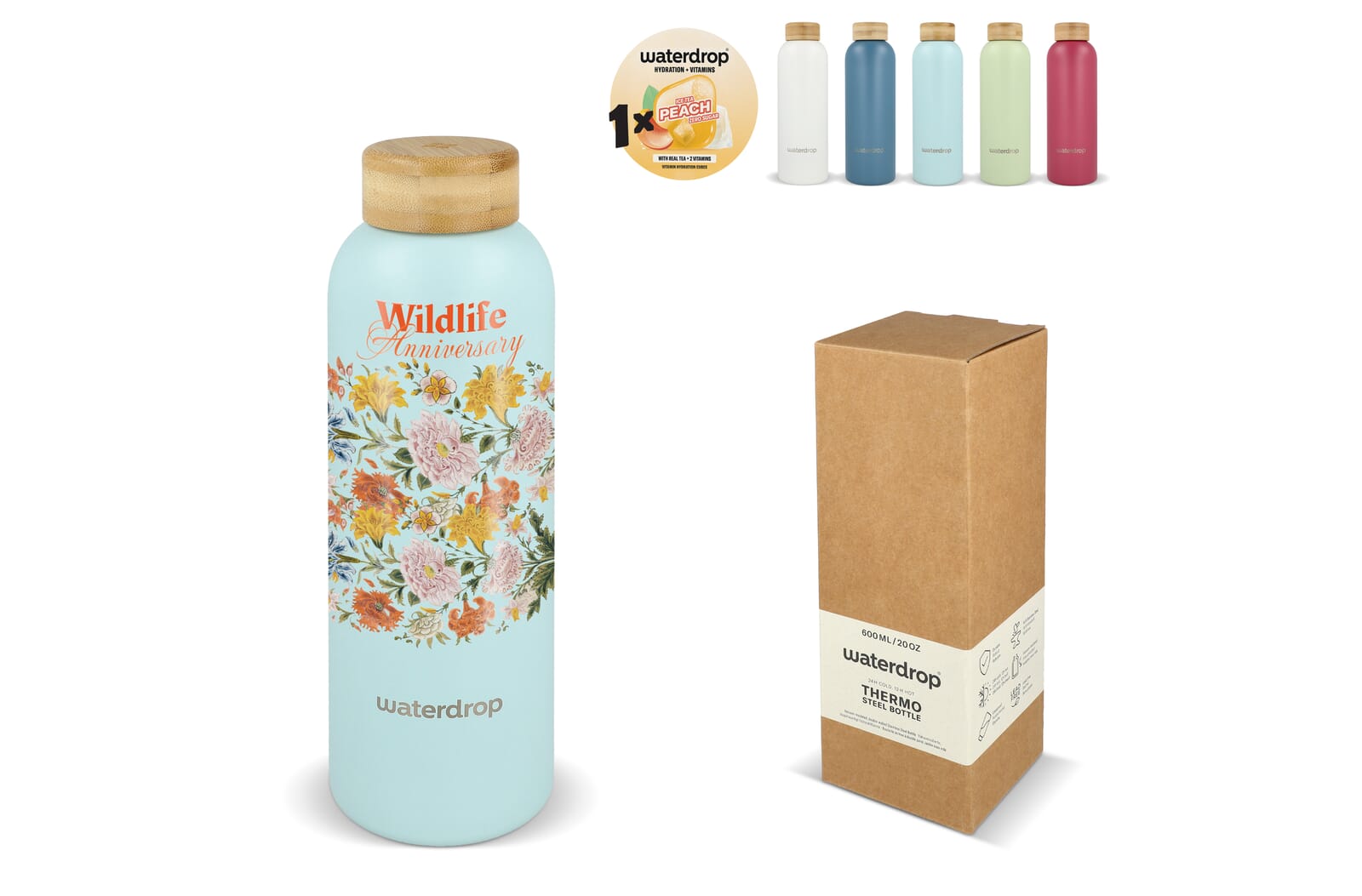 Bouteille en acier inoxydable Waterdrop avec bouchon en bambou 600ml