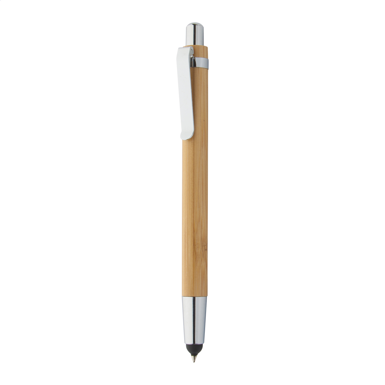 Stylo bille tactile Tashania Black personnalisé en bambou, encre noire imprimé avec logo