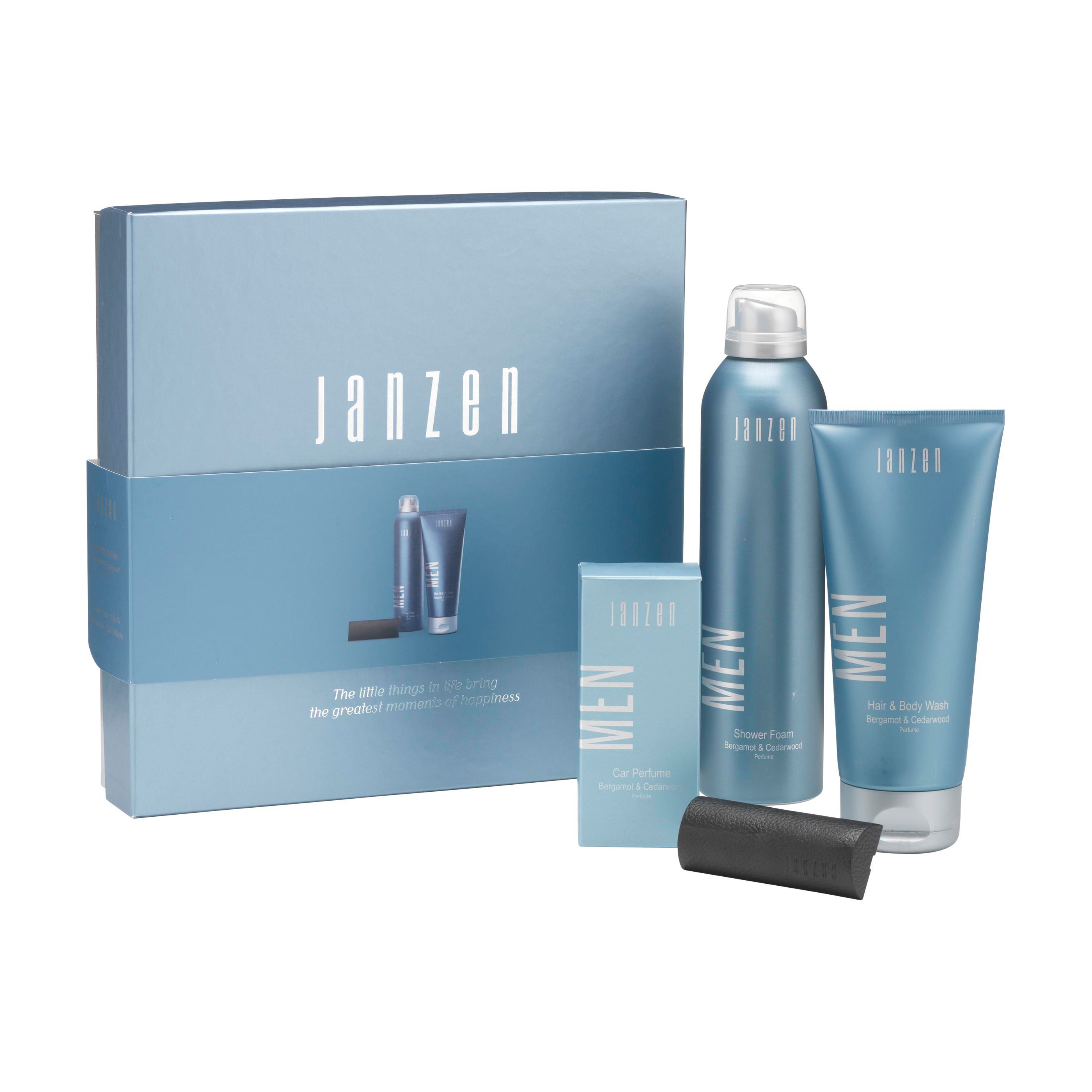 JANZEN Geschenkset For Men M mit 2 Pflegeprodukten und Autoduft bedrucken mit Logo